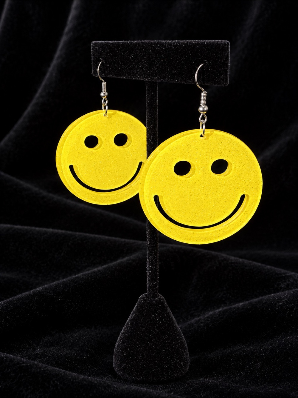Yellow Glittery Smiley Face Dangle Earrings